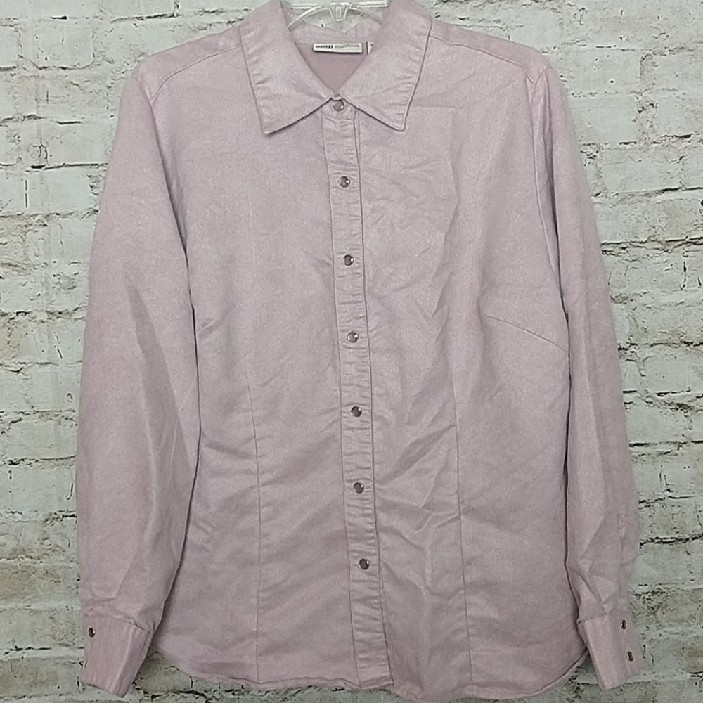 Vintage Faded Glory Pearl Snap Down Shirt Pink Size 14 Long Sleeve Poly EUC